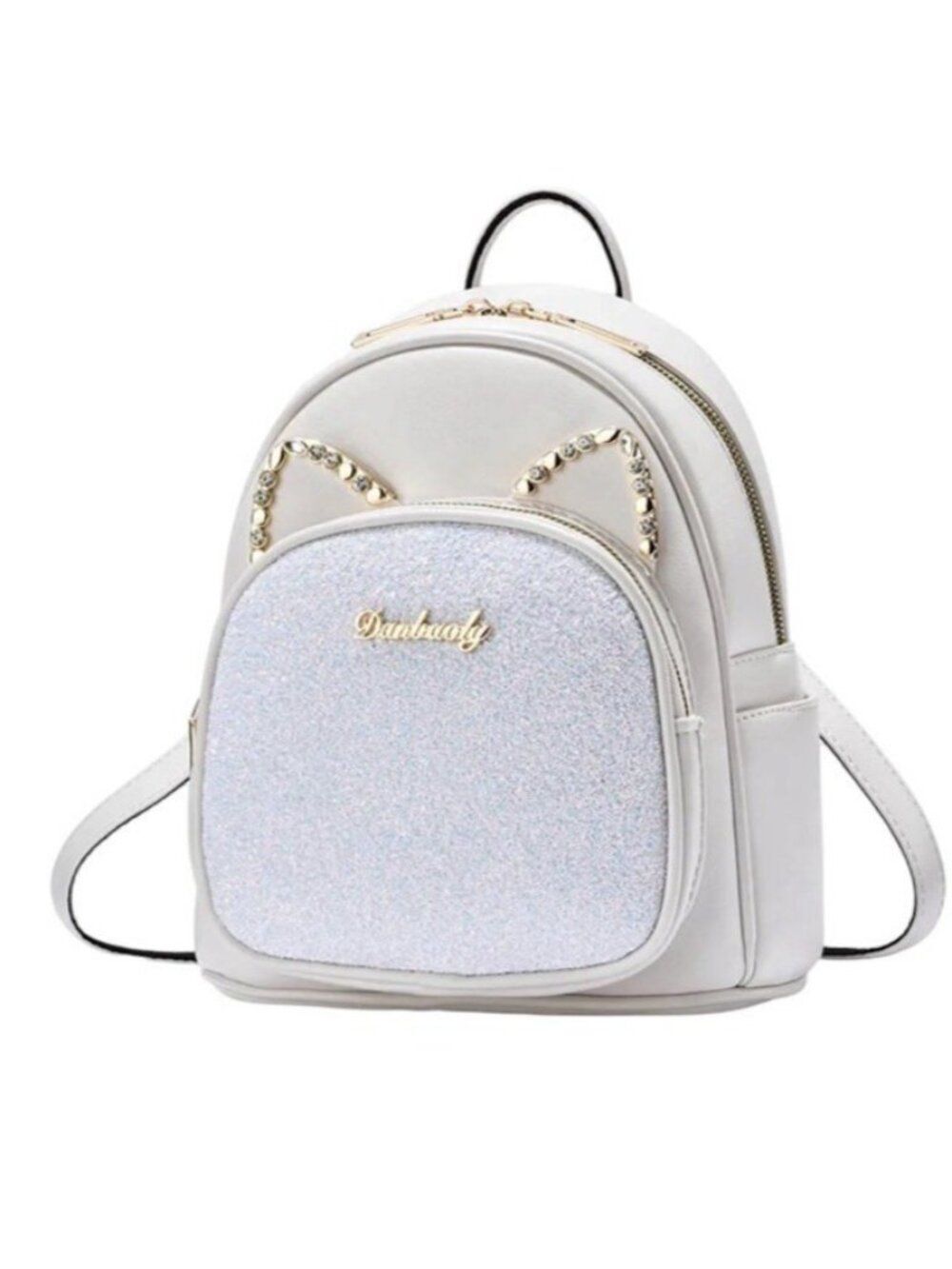 Mini Girls Backpack White Faux Leather Cat Sequin Ears Zip Shoulder Straps New